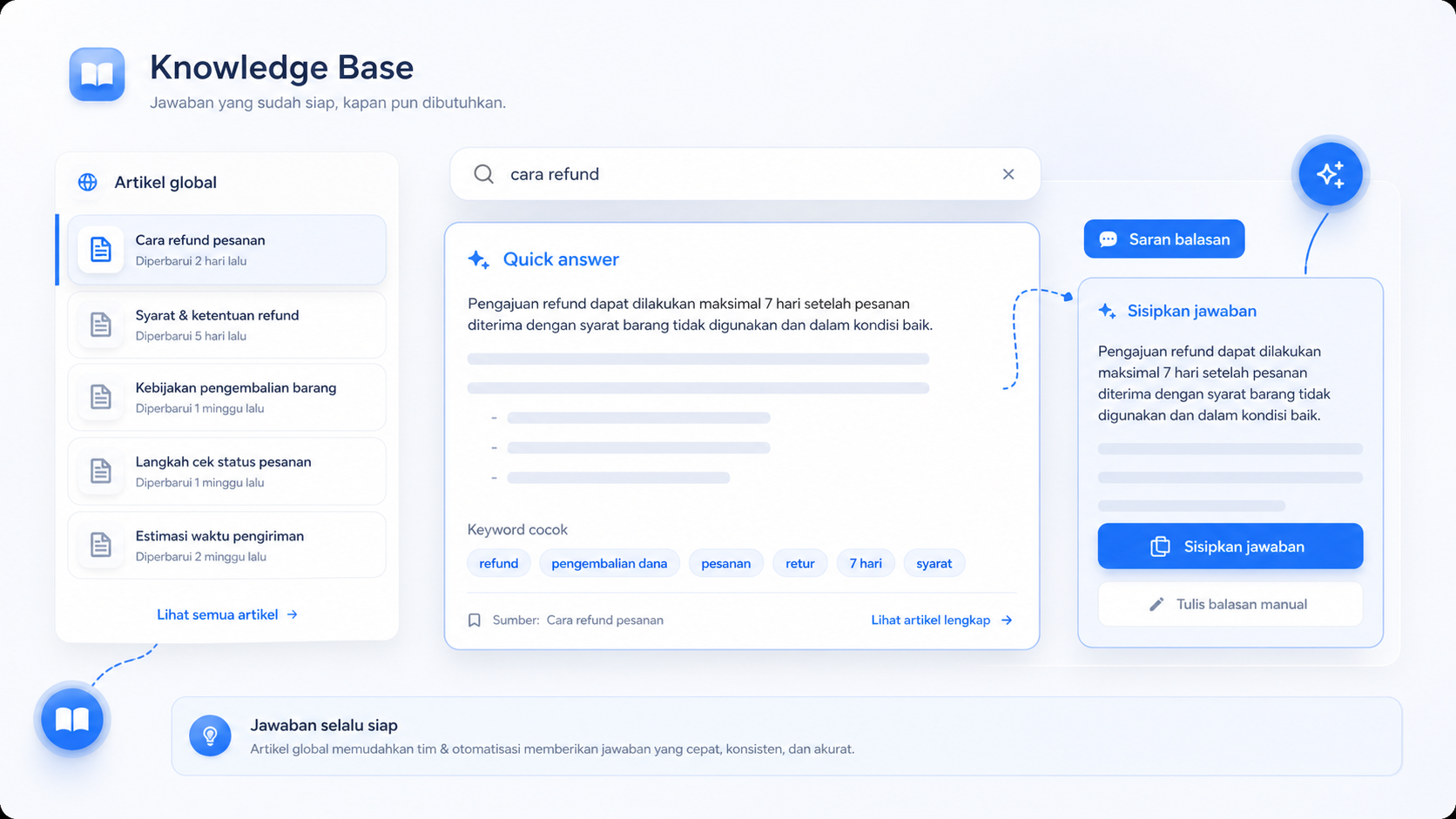 Knowledge base dan saran jawaban siap pakai di dashboard Halodek